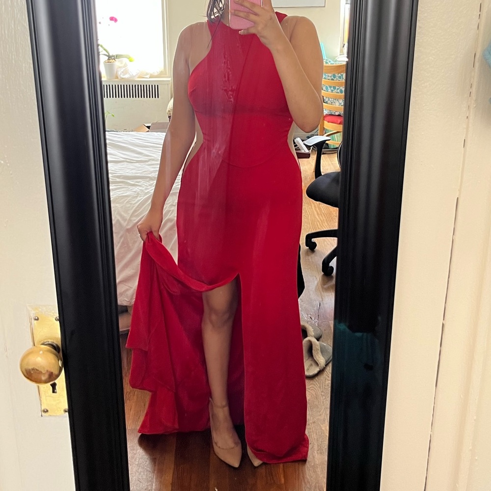 Nicole Bakti Cut Out Sheer Dress with Slit